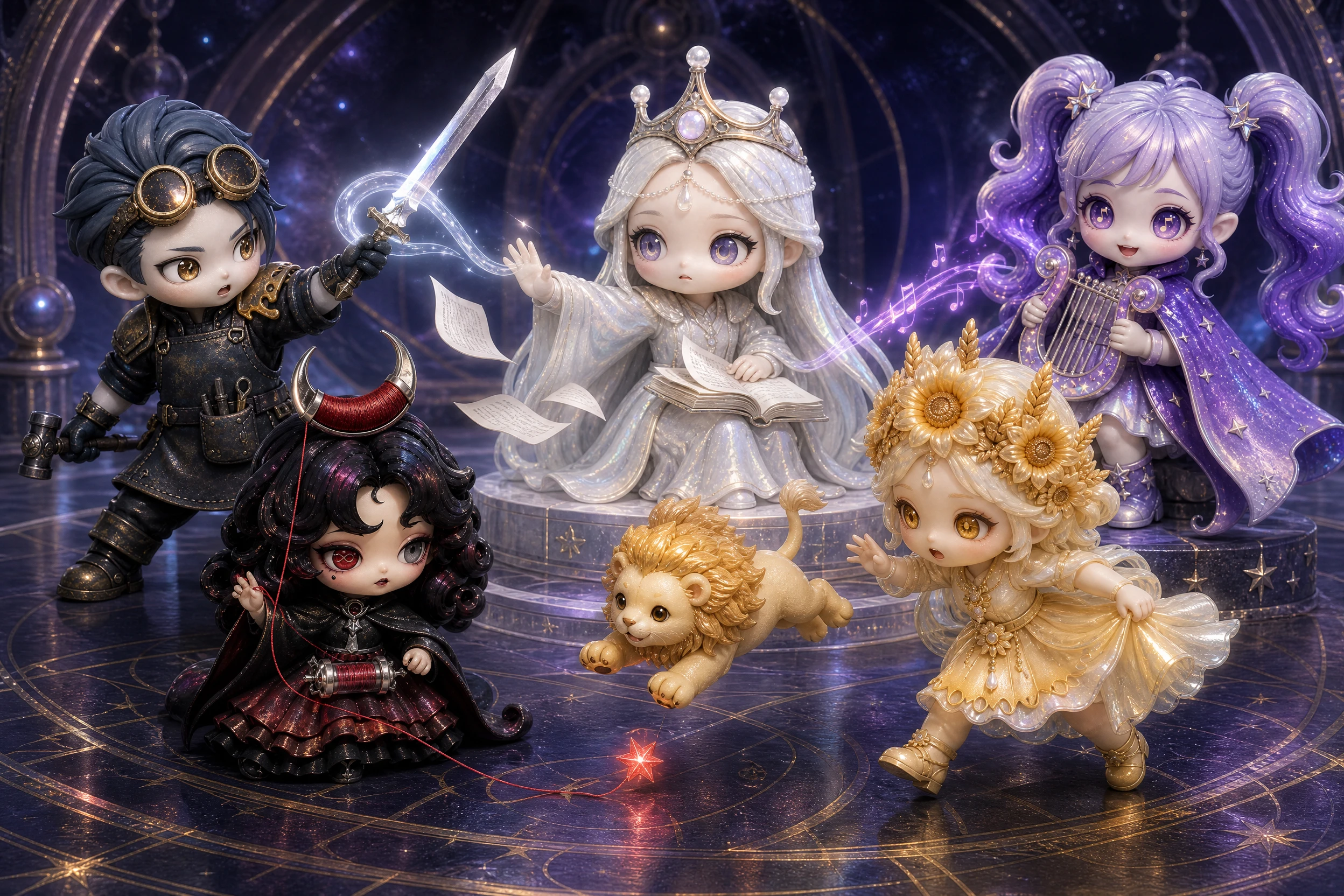 Five ODDBEAD collectible characters gathered in a moonlit celestial hall