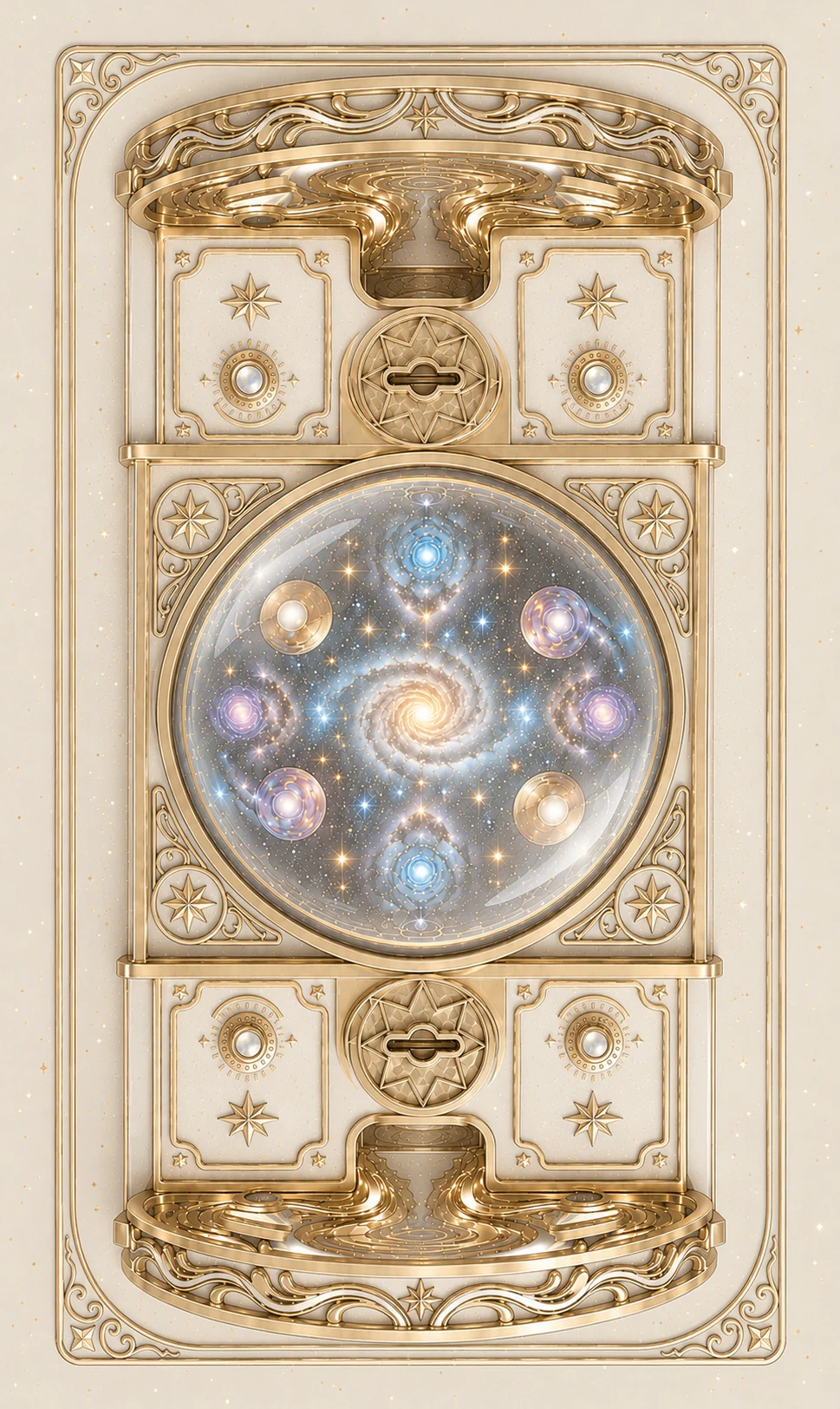 ODDBEAD Light card back: a pearl-white and gold parallel-cosmos gashapon