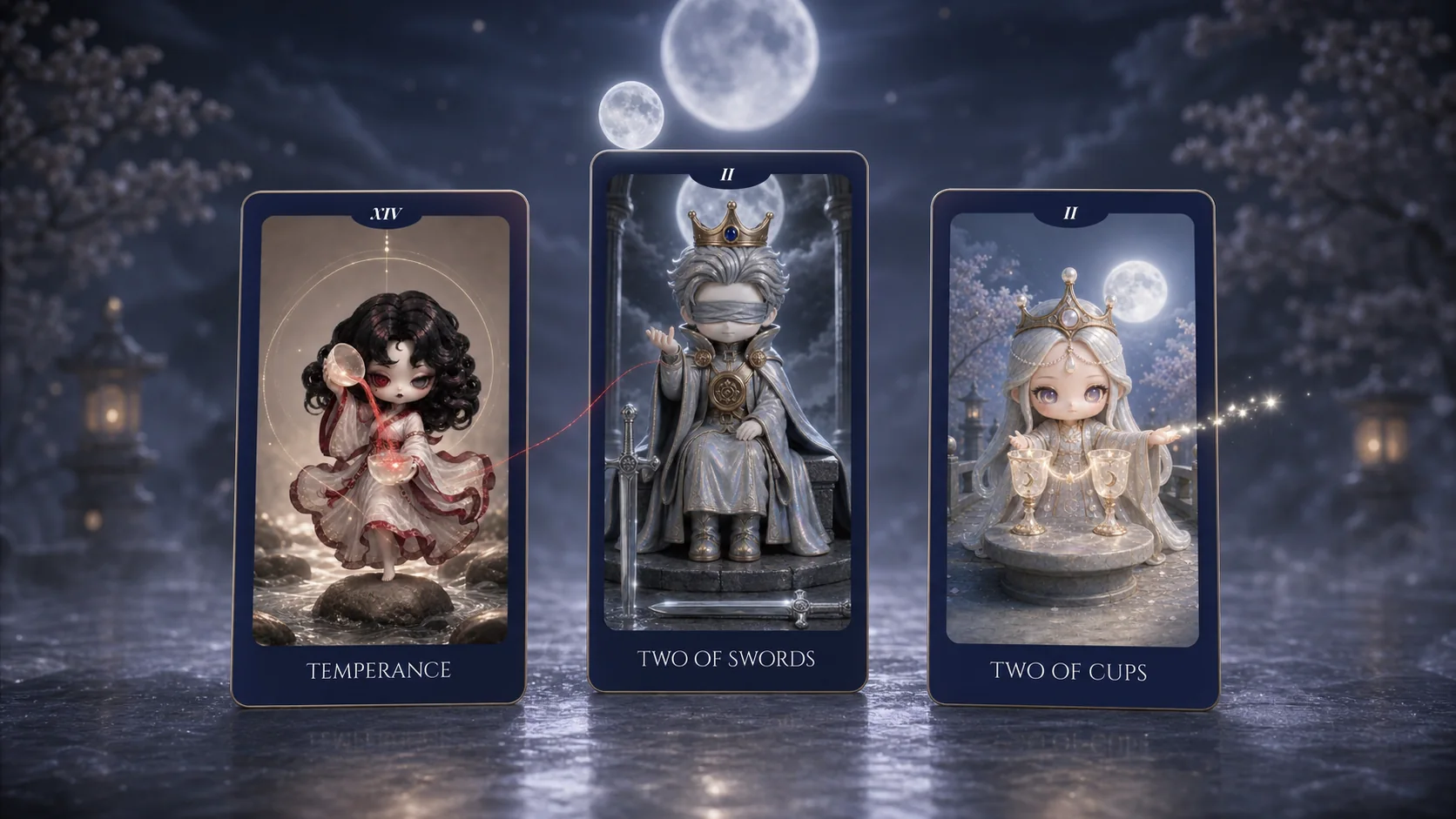 Three ODDBEAD tarot characters gathered beneath a moonlit sky