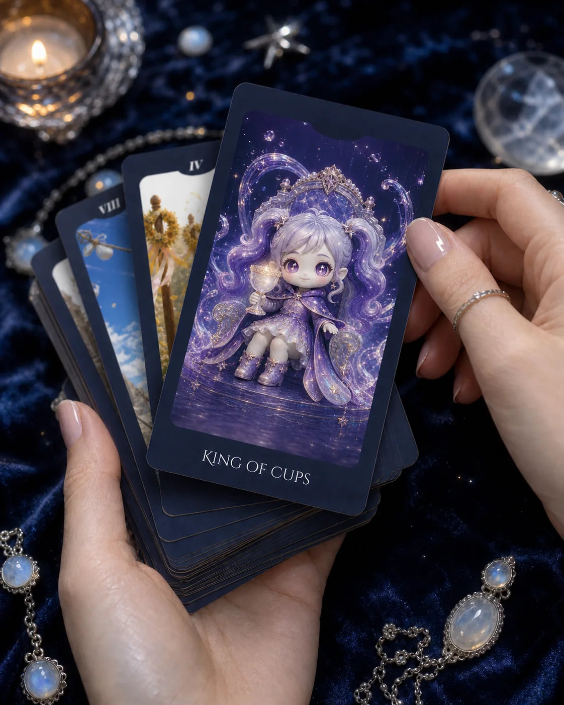 Hands drawing an ODDBEAD King of Cups tarot card