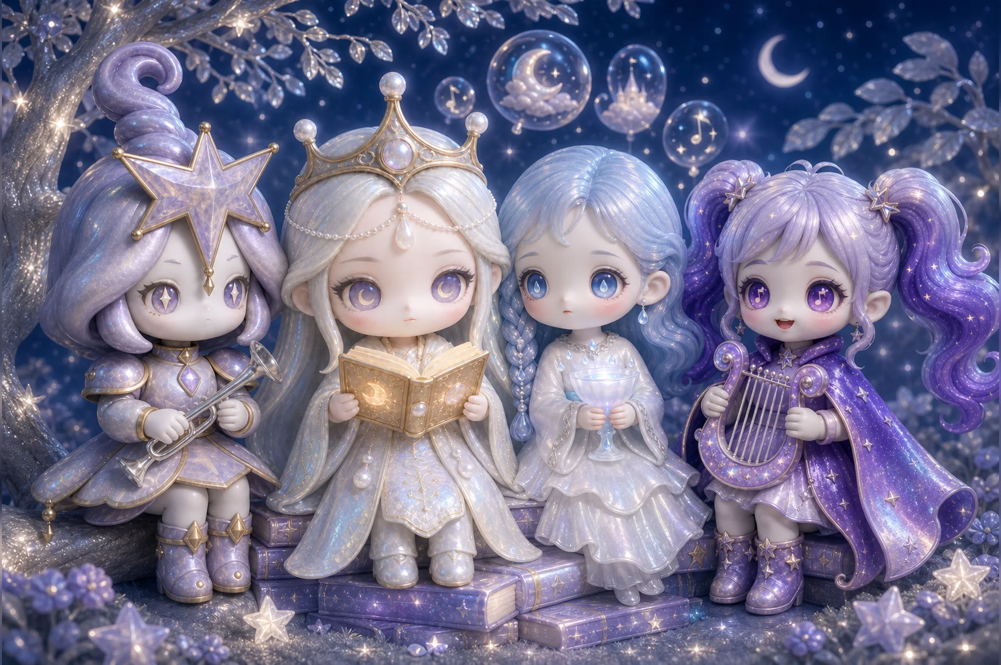 Moonread clan characters sharing a bedtime story in a moonlit tree